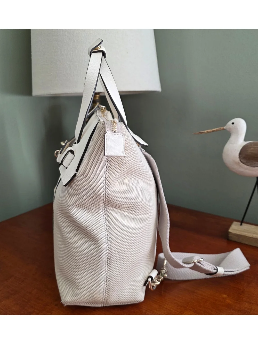Henri Bendel Jetsetter Convertible Backpack Cream Canvas Leather Bag